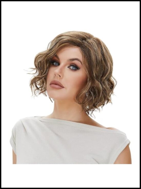 Short Ombre Wavy Wig Human Hair Mixed Synthetic Shoulder Length Heat Resistant